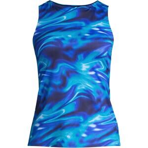 Lands End 2P Tankini Swim Top High Neck Chlorine Resistant Blue Swirl Modest